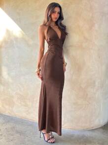 Aloruh 女士性感优雅罩杯细节金属扣装饰紧身长裙，棕色女士夏季连衣裙婚礼宾客连衣裙女士太阳裙女士优雅派对度假连衣裙，俱乐部服装女士性感 - 棕色 - 查看 3