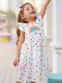 SHEIN 年轻女孩简约彩虹图案圆领无袖休闲舒适连衣裙 - 白色 - 查看 6