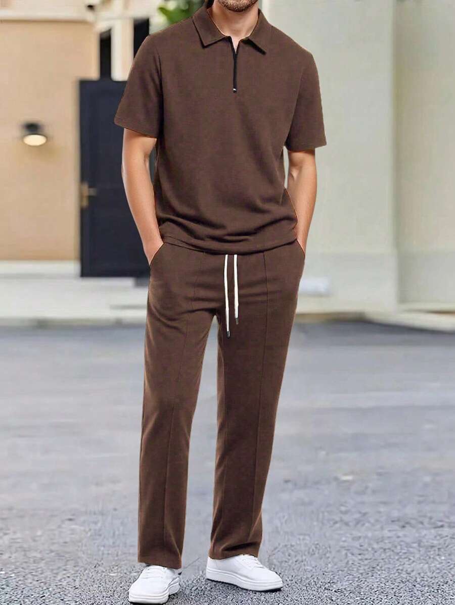 Manfinity Homme 2 件男士华夫格针织休闲套装:拉链 Polo 衫和抽绳裤 - 黑色,涤纶混纺,适合春夏季休闲穿着 - 卡其色 - 查看 1