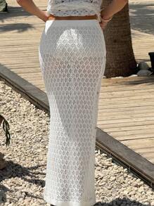 SHEIN EZwear Women Shell Embroider  Hollow Out Maxi Skirts Summer High Waisted Boho Long Skirt,Vacation Outfits Women,Beach Outfits For Woman, - White - View 2