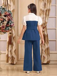 2件套女童夏季泡泡袖纽扣衬衫和裤子套装 - 藍白色 - 查看 2