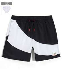 Manfinity Swimmode Shorts de playa para hombre con estampado de letras, cintura con cordón y color contrastante, estilo hawaiano