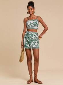 Travachic Conjunto de 2 piezas de top corto con estampado de plantas tropicales y minifalda para mujer, conjunto de vacaciones, vacaciones, atuendo de playa, atuendo de verano para mujeres - Verde - Ver 5
