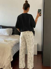 DAZY Solid Color Loose T-Shirt Tops & Floral Line Drawing All Over Print Pajama Pants 2Pcs Sleepwear Set Lounge Set Women - Black - View 2