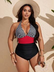 Swim Vcay Traje de baño de una pieza para mujer de talla grande con diseño de unicolor, parches, lunares y estampados, estilo modesto para playa, fiesta y natación