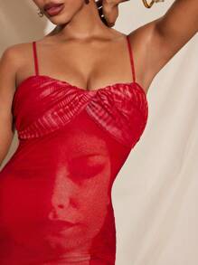 Armand Full Printed Spaghetti Straps Twist Neck Mesh Mini Dress, Sexy Party Vacation - Red - View 7