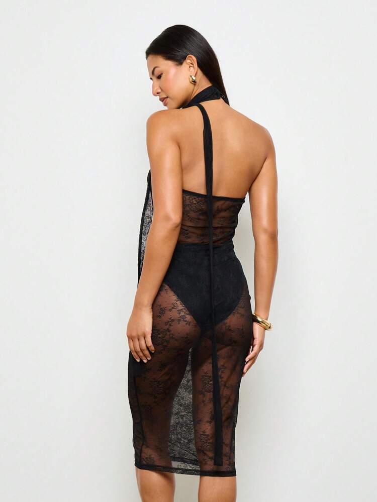 AiiRZ Sheer Lace Halter Neck Midi Dress Delicate Floral Pattern Night Out Party Club Dance Special Occasion Overlay Evening Wear