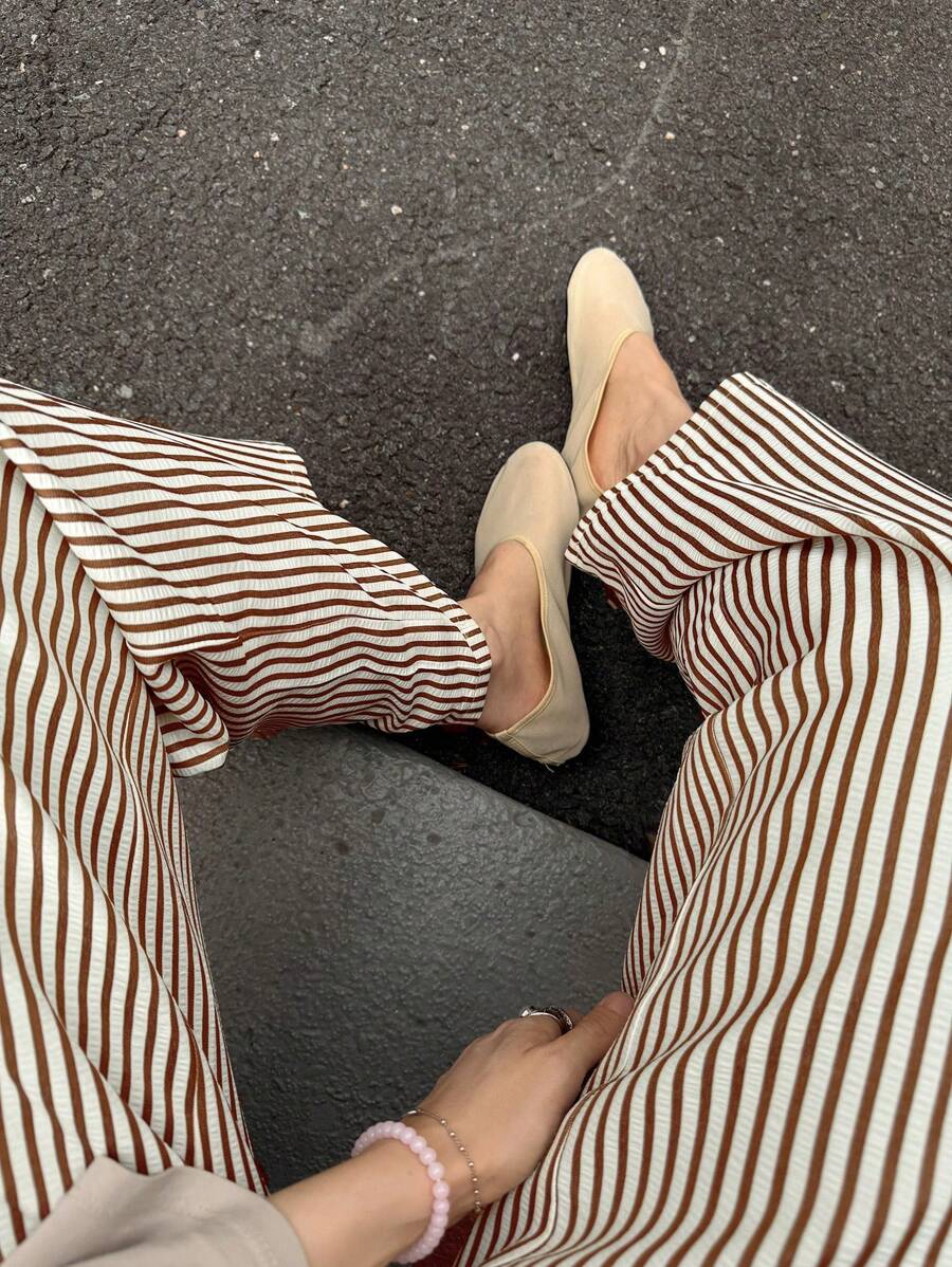 DAZY Quần dài ống rộng kẻ sọc có dây rút dành cho nữ, kiểu dáng kín đáo, thích hợp cho kỳ nghỉ. - màu nâu - Xem 1