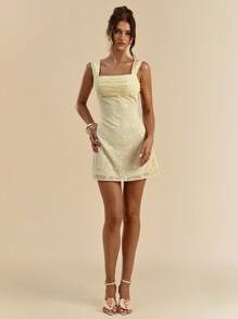 SHEIN BAE Yellow Embroidered Square Neck Slim Fit Open Back Mini Dress - Yellow - View 4