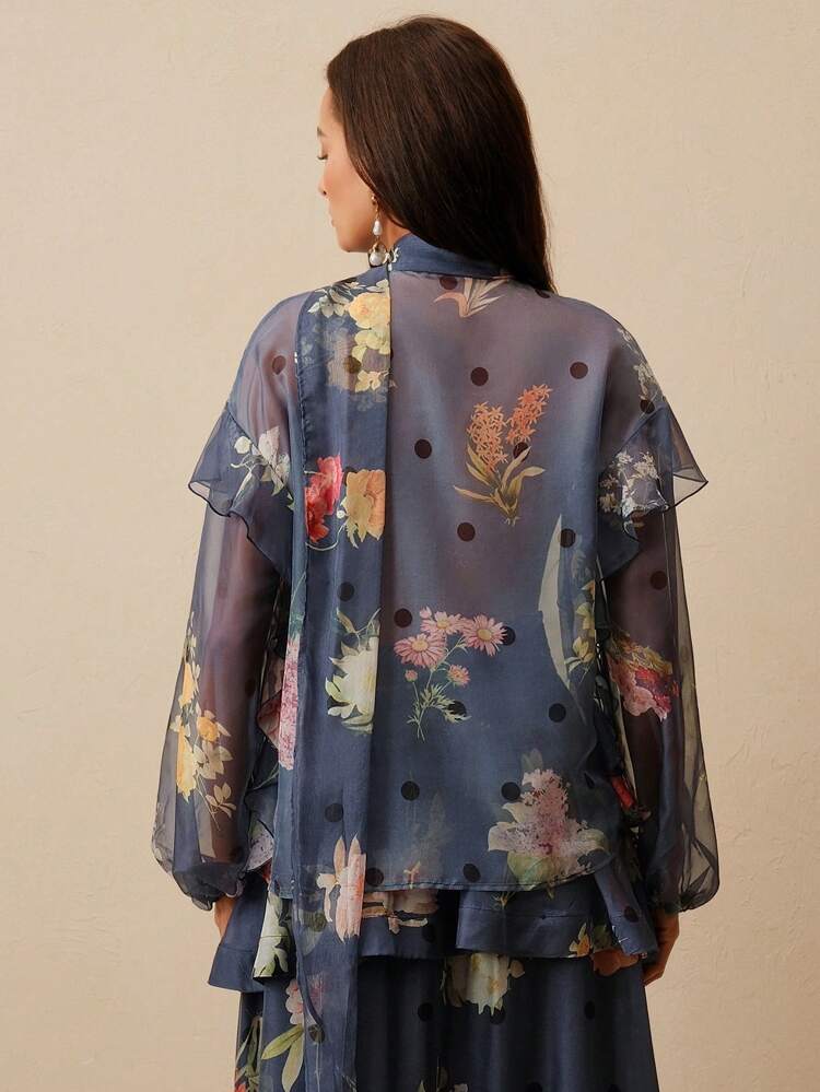 Women's Vacation Floral Polka Dot Print Patchwork Ruffle Hem Drop Shoulder Long Sleeve Mesh Shirt