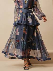 Anewsta 女士花卉和波尔卡圆点印花荷叶边下摆优雅A字裙，适合度假穿着 - 寶藍色 - 查看 4