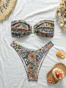 Swim Vcay Conjunto de bikini de dos piezas con estampado tropical, top halter y adorno metálico, traje de baño casual para vacaciones