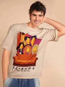 EDUVISMO ART FRIENDS X SHEIN Men Casual Cartoon Print Short Sleeve Crew Neck T-Shirts - Khaki - View 3