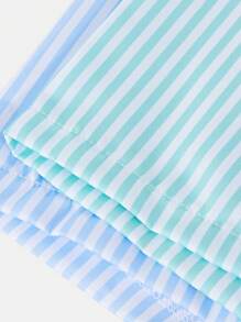 2pcs Boys' Striped Printed Swim Trunks, Woven Fabric Beach Shorts Set, Suitable For Holiday