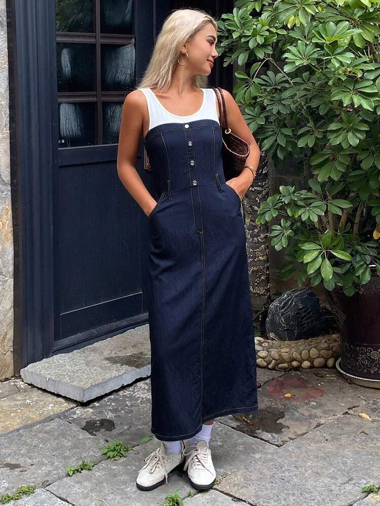 Women's Summer Sleeveless Color Block Patchwork Camisole Dress, Casual And Elegant Streetwear Midi Dress