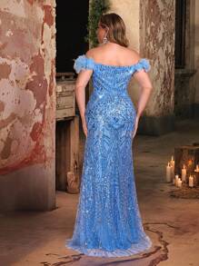 Glamrae Vestito da sera taglio sirena di lusso elegante e romantico, con scollo a V profondo, ricamato con perline e piume, spacco alto e bordo a forma di coda di sirena, in taglia oversize