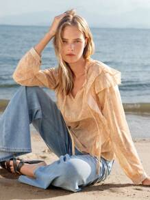 Lumivelle Blusa de Chiffon Transparente com Babados e Gola de Laço, Estilo Primavera/Verão, Estilo Férias - Laranja - Visão 3