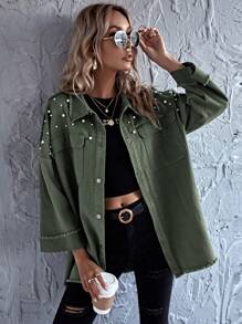 Drop Shoulder Pearls Beaded Raw Hem Coat In Fall/Winter - Army Green - View 6