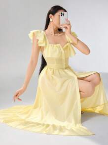 Heiryn Women's Fashion Romantic Elegant Ruffle Collar Button Down Dress - Yellow - View 5