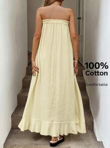 SHEIN LUNE Frill Trimmed Collar, Frill Trim A-Line Babydoll Dress, Double Layered Crepe Fabric, Casual Holiday Elegant Dress For Women, Light Yellow - Light Yellow - View 2