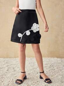 Ontre Tween Girl Casual Textured Flower Decor A-Line Skirt - Black - View 1