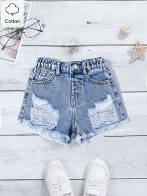 SHEIN Young Girl' Ripped Frayed Fashionable Versatile Summer Flared Leg Denim Shorts