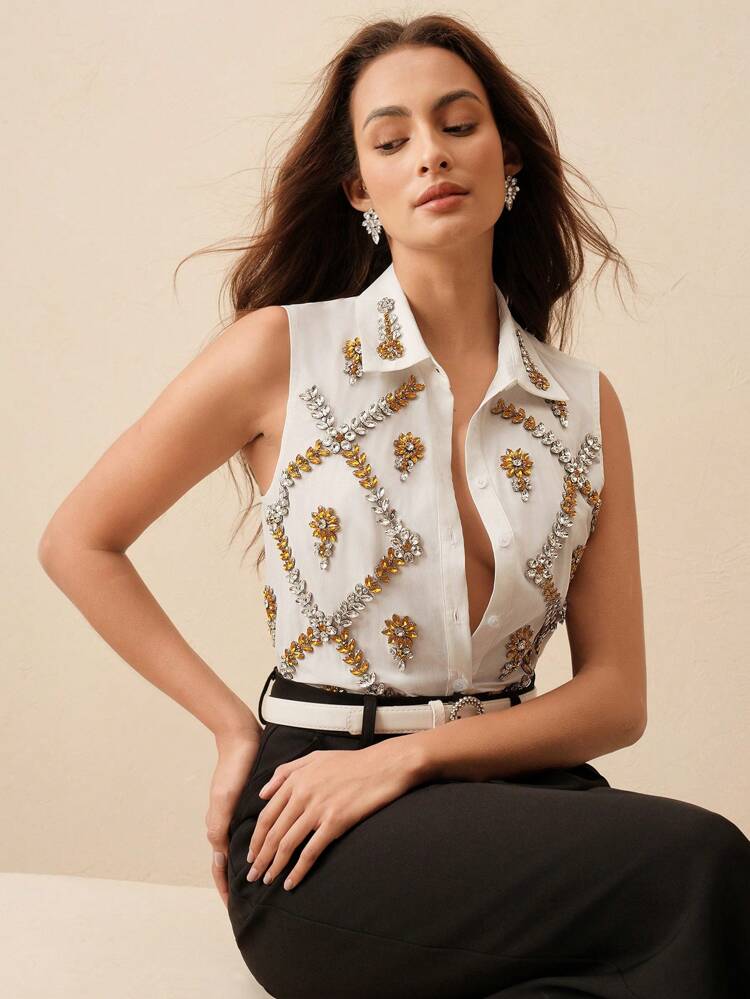 Geometric Floral Rhinestone Decorated Single-Breasted Sleeveless Shirt, Fashionable For Women In Summer