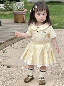 Dazy Kids Set de 2 piezas: Camisa de polo de manga corta informal y falda plisada para niñas pequeñas - Amarillo - Ver 4