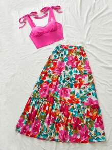Vivid Eden 2 pezzi Set di moda da donna con canotta corta tinta unita e minigonna con stampa floreale per vacanza