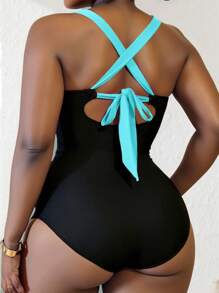SHEIN Swim Curve Traje de baño de una pieza con cuello en V profundo, efecto bicolor y espalda descubierta, adecuado para mujer talla grande, perfecto para el verano y la playa