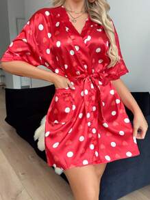 SHEIN Women Polka Dot And Heart Print Imitation Silk Bathrobe Silk Robe Women Summer Robe Women Silk Robes For Women - Red - View 3