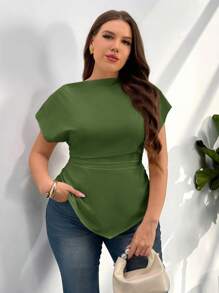 Firerie Camisa informal de manga corta con botones de unicolor para tallas grandes - Verde - Ver 1