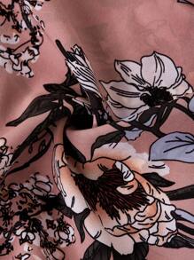 Ellevyn 2pcs/Set Women Solid Color Crew Neck Short Sleeve Long Top And Floral Print Pants - Dusty Pink - View 5