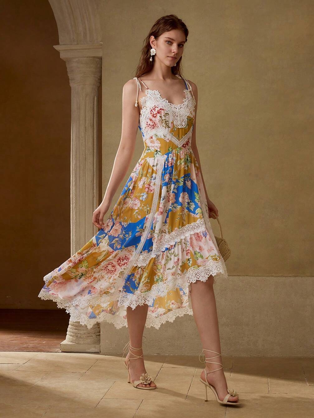 dress with lace ladies summer Women's Summer Lace Patchwork Floral Print Island Holiday Slip Dress