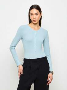 AiiRZ Body de manga larga acanalado con botones tipo henley, ropa básica de trabajo clásica y ajustada, apta para usar en la oficina en otoño, invierno y primavera