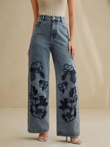 Anewsta Summer New Fashionable High-Waisted Slim Floral Embroidery Straight Wide-Leg Jeans - Blue - View 5