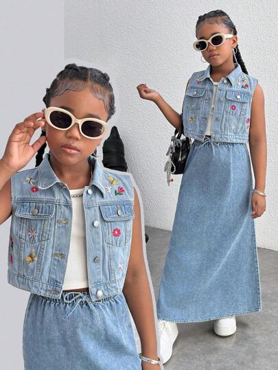SHEIN Tween Girls Y2k Fashionable Casual Daily Urban Street Boho Flower & Butterfly Embroidered Sleeveless Denim Cropped Jacket With Collar ,For Kids Y2k Clothes Girls Costume Dailywear Boho Outfits And Tween Girl Four Seasons Clothes,Beach Vacation Outfits,Streetwear Girls