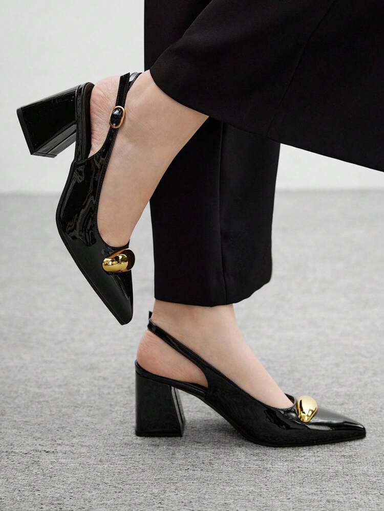 CUCCOO BIZCHIC Women's Fashion Black Metal Decor Block Heel Pumps, Classic Minimalist Shoes For Commute, Dating, Party, Holiday, Wedding For Christmas Spring Shoes