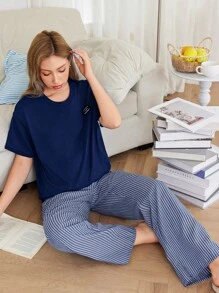 Dream Adore Solid Color Casual Letter Graphic T-Shirt Top And Stripe Jacquard Long Pants Pajama Set