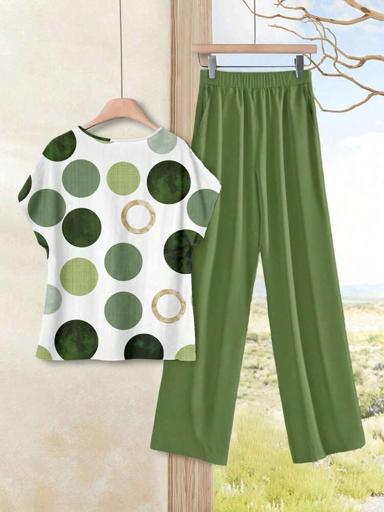 2pcs/Set Women Versatile Polka Dot Print Top And Pants, Casual Spring/Summer Island Vacation Outfits,Casual