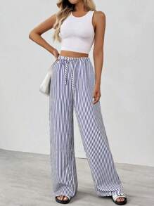 SHEIN Tall Striped & Printed Casual Daily Wear Women Spring/Summer Long Pants - Blue and White - View 6