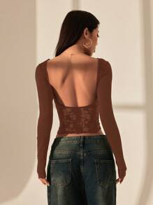 SHEIN PETITE 露背蕾丝拼接露背女式T恤上衣。适合夏季的性感约会装。 - 棕色 - 查看 7