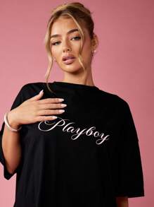 Missguided x Playboy 个性超大图案 T 恤，四季皆宜的街头潮流长款休闲 T 恤，带有标志性兔子图案，宽松休闲家居服