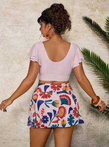 Travachic 大码女式V领印花比基尼套装，海滩度假泳装 - 彩色 - 查看 4