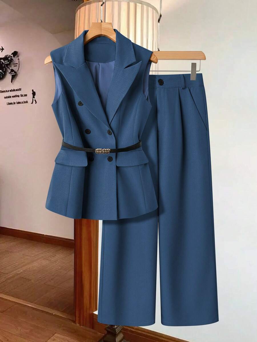 GlowEve Women's Elegant Waist Belt 2 Pieces Set, Sleeveless - Navy Blue - View 1