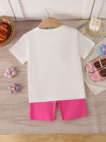 Set de 2 piezas: Camiseta de manga corta con decoración floral delantera + Pantalones cortos deportivos y de ciclismo simples, conjunto de verano casual para niñas
