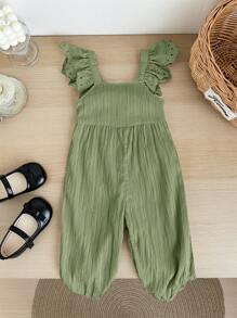 SHEIN LMoss Kids Baby Girl Cute Summer Versatile Green Textured Jumpsuit With Flutter Sleeves - Green - View 2