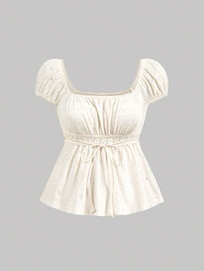 SHEIN MOD Pleated Bust & Cinched Waist Jacquard Beige T-Shirt With Capped Sleeve