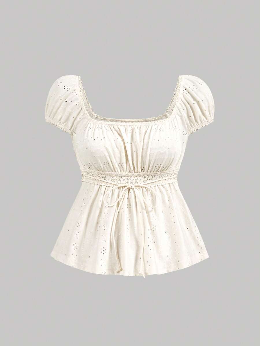 SHEIN MOD Áo thun Jacquard màu be xếp ly ở ngực và eo có tay áo bo - Màu be - Xem 1