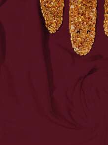 Franclia Fashionable Casual Sequin Embellished Round Neck White Short Sleeve Women's T-Shirt, Summer - Burgundy - View 3